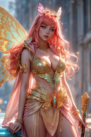 A beautiful girl wearing sleeveless gold armor, cleavage, big breasts, holding a long sword, standing on a rock, repairing, long legs and wearing a butterfly headdress ,A whimsical shot of a young girl with vibrant orange locks and piercing blue eyes, perched atop a sleek ground vehicle, her upper body framed by the opened hood, highlighting her delicate features and sparkling jewelry. She wears a pink hoodie and multicolored outfit, her parted lips slightly puckered, and freckles scattering across her cheeks. The blurred background showcases a bag and backpack at rest, while her bright eyes radiate subtle intensity, drawing the viewer's attention to her captivating presence.