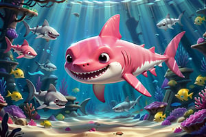 8K,Best quality, masterpiece, ultra-high res, (photorealistic:1.4), Masterpiece, Concept Art,, singleL a very cute cartoon pinky shark in big tank 