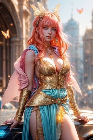 A beautiful girl wearing sleeveless gold armor, cleavage, big breasts, holding a long sword, standing on a rock, repairing, long legs and wearing a butterfly headdress ,A whimsical shot of a young girl with vibrant orange locks and piercing blue eyes, perched atop a sleek ground vehicle, her upper body framed by the opened hood, highlighting her delicate features and sparkling jewelry. She wears a pink hoodie and multicolored outfit, her parted lips slightly puckered, and freckles scattering across her cheeks. The blurred background showcases a bag and backpack at rest, while her bright eyes radiate subtle intensity, drawing the viewer's attention to her captivating presence.