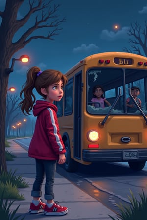 Ria, a 12-year-old girl with wavy brown hair tied into a ponytail, her face showing a mix of curiosity and nervousness. She is wearing a vibrant red jacket with white stripes, black jeans, and red sneakers. The background shows an eerie, desolate bus stop late at night, with flickering streetlights and trees swaying in the wind. A broken-down bus with shattered windows and emitting strange fog has just arrived, its door opening mysteriously. Ria is standing at the entrance, hesitating to board. The scene is animated in a vibrant, detailed style with a slightly spooky atmosphere. 3D pixel style”
