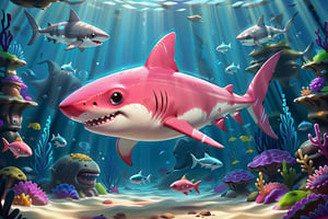 8K,Best quality, masterpiece, ultra-high res, (photorealistic:1.4), Masterpiece, Concept Art,, singleL a very cute cartoon pinky shark in big tank 