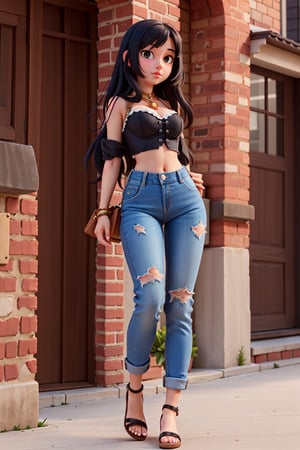 masterpiece, high quality, best quality, 1 girl, 14 years old, ((black hair)), long hair, black eyes, full body, fat, dark blue bustier, black and dark jeans