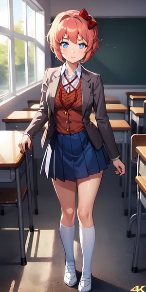 1girl, masterpiece, best quality, anime, highly detailed, solo, 4k, beautiful face,Full Clothes, bright face, high_resolution_face , ((cute face quality)), ((Beautiful eyes)), ((4K Eyes)), show face quality,((torso trunk)), ((school uniform)), standing, classroom, sayori, blue eyes, pastel orange hair, hair bow, red bow, bow, ribbon, jacket, kneehighs, uwabaki, looking at viewer, blazar, shirt, short hair, shoes, long sleeves, pleated skirt, white socks