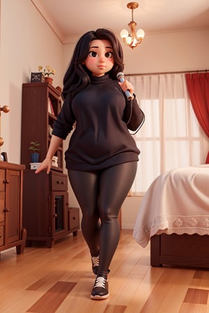 seed: 3173833613, sofia perez torres, masterpiece, fat, perfect fat legs, high quality, best quality, 1 girl, 14 years old, ((black hair)), long hair, black eyes, full body, fat, dark blue sweater, leggings black