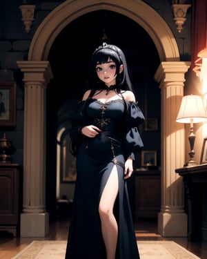 Focused, Upper body, Standing, | masterpiece, | (black eyes), (bright eyes: 1.1), bright black eyes, | 1 girl, vampire, (lonely), princess, very long hairstyle, (black hair color: 1.2), | Spanish princess dress, dark blue, seethru, medieval style, in a medieval room, | bokeh, depth of field, full body, obese