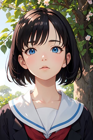 the memory of Marnie, studio ghibli, masterpiece, best quality, 1 girl, short hair, black hair, blue eyes, portrait, realistic, side lighting, wallpaper, nsfw  
Leaning against a tree, looking up at the branches, in a black school uniform, adding a touch of fantasy and charm