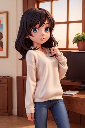 masterpiece, high quality, best quality, 1girl, black hair, long hair, fat, dark blue sweater, black jeans