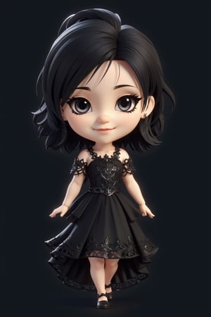 chibi, fullbody, (gothic_girl), light smile, black dress, intricate dress, highest detailed, zoom_out, perfect eyes, random hairstyle, chibi style,3d style