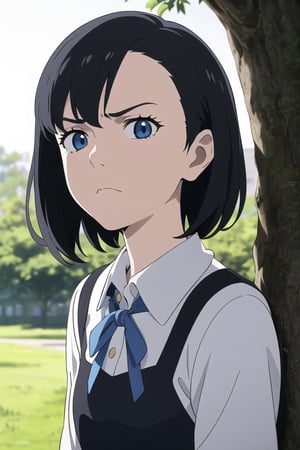The memory of Marnie, studio ghibli, masterpiece, best quality, 1 girl, 18 years old, short hair, black hair, blue eyes, Leaning against a tree, looking straight ahead, annoyed, in a black school uniform, black skirt, adding a touch of fantasy and charm, portrait, realistic, side lighting, wallpaper, not suitable for minors