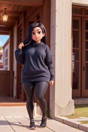 seed: 3173833613, sofia perez torres, masterpiece, fat, perfect fat legs, high quality, best quality, 1 girl, 14 years old, ((black hair)), long hair, black eyes, full body, fat, dark blue sweater, leggings black