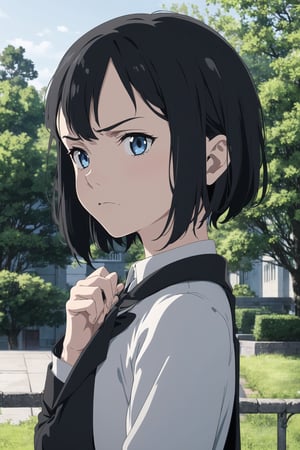 The memory of Marnie, studio ghibli, masterpiece, best quality, 1 girl, 18 years old, short hair, black hair, blue eyes, Leaning against a tree, looking straight ahead, annoyed, in a black school uniform, black skirt, adding a touch of fantasy and charm, portrait, realistic, side lighting, wallpaper, not suitable for minors