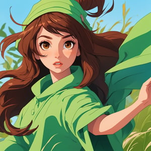 1girl,brown eyes,long hair,cartoon,green cloth