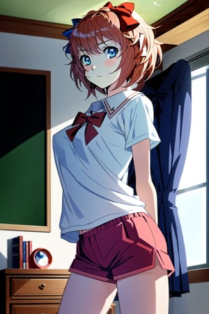 (((sayoriddlc))), masterpiece, best quality, 2d, masterpiece, best quality, anime, highly detailed, cowboy shot, 1girl, solo, sayori, blue eyes, hair bow, red bow, pink t-shirt, blue shorts, indoors, bedroom, standing, arms at sides,school uniform