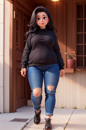 seed: 3173833613, sofia perez torres, masterpiece, high quality, best quality, 1 girl, 14 years old, ((black hair)), long hair, black eyes, full body, fat, dark blue sweater, (((black and dark jeans))), obese, happy