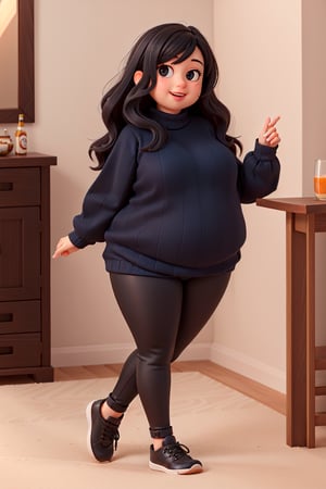 seed: 3173833613, sofia perez torres, masterpiece, perfect fat legs, high quality, best quality, 1 girl, 14 years old, ((black hair)), long hair, black eyes, full body, fat, dark blue sweater, leggings black, obese, happy