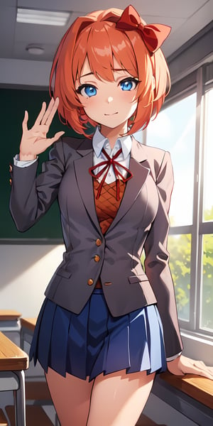 1girl, masterpiece, best quality, anime, highly detailed, solo, 4k, beautiful face,Full Clothes, bright face, high_resolution_face , ((cute face quality)), ((Beautiful eyes)), ((4K Eyes)), show face quality,((torso trunk)), ((school uniform)), standing, classroom, sayori, blue eyes, pastel orange hair, hair bow, red bow