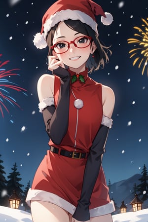 masterpiece, 1 girl, alone, black hair, short hair, black eyes, cowboy shot, standing, smile, red christmas outfit, red santa hat, black arm warmers, looking at viewer, outdoors, snowing, at night, fireworks in the sky, red-rimmed glasses, glasses, head tilt, facing viewer,