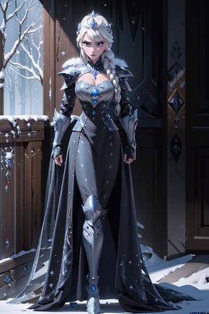 (masterpiece: 1.4), (best quality: 1.4), (high resolution: 1.4), dark cape, arendelle elsa, fur trim, single braid, platinum blonde, black dress, ((armor, armored dress, black dress, gauntlets)), ice, snow, winter, crown, evil, close-up, standing, full body, cowboy photo, (wide hips: 1.1), narrow waist, huge cleavage, voluptuous, curvy