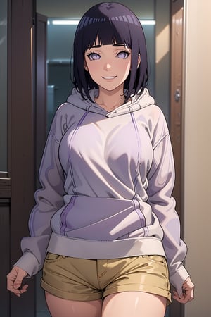 hyuuga hinata
smile
short hair
bangs
black hair
long sleeves
purple eyes

thighs
shorts
hood
blunt bangs
short
short shorts
hoodie

hood down
brown shorts
pink hoodie

