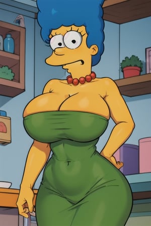 Marge Simpson, solo, afro, thick, (wide hips:1.1), narrow waist, huge cleavage, thigh gap, voluptuous, curvy,  ,marge simpson, ((green dress)), (short dress), looking at viewer, eyeballs, round eyes, simple Pupils ,red necklace,venusbody,yellow skin