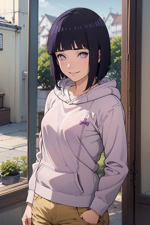 masterpiece, 1 girl, alone, hinata hyuga, purple eyes, smile, short hair, black hair, blunt bangs, long sleeves, short shorts, bermuda shorts, brown shorts, hoodie, pink hoodie, hood down,