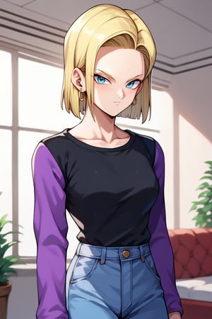 score_9,score_8_up,score_7_up,score_9,score_8_up,score_8, ultra detailed, beautiful face, high resolution BREAK, Android18SDXL, 1 girl, solo, short hair, blue eyes, blonde hair, black shirt, long sleeves, (purple sleeves), jewelry , earrings, pants, black shirt, denim, jeans, android 18, room, room background, looking at viewer,Rikka kai style