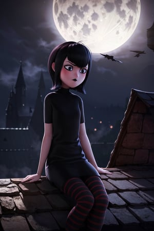 mevis, 1 girl, alone, short hair, sad, black hair, individual focus, black eyes, makeup, lipstick, black lips, MAVIS DRACULA, short black dress, black tights with red stripes, outside, night, dark sky, full moon, fog, castle roof, sitting