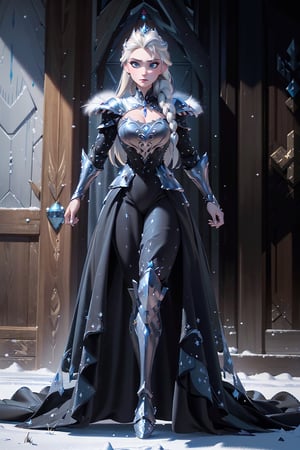 (masterpiece: 1.4), (best quality: 1.4), (high resolution: 1.4), dark cape, arendelle elsa, fur trim, single braid, platinum blonde, black dress, ((armor, armored dress, black dress, gauntlets)), ice, snow, winter, crown, evil, close-up, standing, full body, cowboy photo, (wide hips: 1.1), narrow waist, huge cleavage, voluptuous, curvy