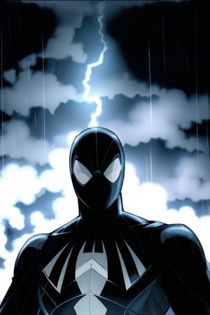 BlackSM headshot, action shot, dramatic, city background at night, rainy and stormy weather, symmetrical mask, hyper detailed, photorealistic, gothic, black, Spiderman, ultra detailed arms, perfect hands, good lighting