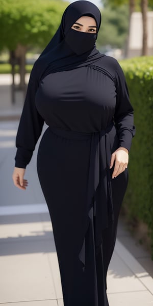 masterpiece, 1 girl, alone, mature woman, milf, 49 years old, brown eyes, (long black dress), slim dress, long sleeves, (black hijab), covered mouth, covered forehead, (wide hips: 1.1), narrow waist, voluptuous , curvy, (giant breasts: 1.1), giant hips, wide hips, thick thighs, (huge thighs: 1.3),venusbody,hijab,veil