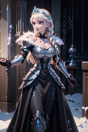 (masterpiece: 1.4), (best quality: 1.4), (high resolution: 1.4), dark cape, arendelle elsa, fur trim, single braid, platinum blonde, black dress, ((armor, armored dress, black dress, gauntlets)), ice, snow, winter, sword, sword in hand, crown, evil, close-up, standing, full body, cowboy photo, (wide hips: 1.1), narrow waist, huge cleavage, voluptuous, curvy