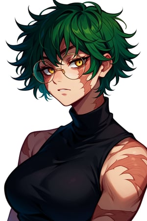 score_9,score_8_up,score_7_up,score_6_up,maki zenin, 1girl, solo, glasses, scar,large breasts, round eyewear, short hair,messy hair,green hair,yellow eyes,portrait,upepr body,black turtleneck, sleeveless, white background,