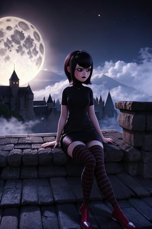 mevis, 1 girl, short hair, sad, black hair, individual focus, black eyes, makeup, lipstick, black lips, MAVIS DRACULA, short black dress, black tights with red stripes, outside, night, dark sky, full moon, fog, castle roof, sitting, (wide hips: 1.1), narrow waist, thick thighs