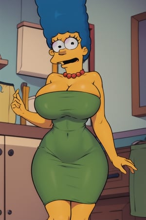 Marge Simpson, solo, afro, thick, (wide hips:1.1), narrow waist, huge cleavage, thigh gap, voluptuous, curvy,  ,marge simpson, ((green dress)), (short dress), looking at viewer, eyeballs, round eyes, simple Pupils ,red necklace