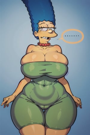Marge Simpson, solo, afro, thick, (wide hips:1.1), narrow waist, huge cleavage, thigh gap, voluptuous, curvy,  ,marge simpson, green dress, short dress, looking at viewer, blank eyes, eyes without pupil  