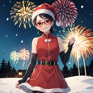 masterpiece, 1 girl, alone, black hair, short hair, black eyes, cowboy shot, standing, smile, red christmas outfit, red santa hat, black arm warmers, looking at viewer, outdoors, snowing, at night, fireworks in the sky, red-rimmed glasses, glasses, head tilt, facing viewer,