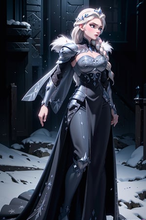 (masterpiece: 1.4), (best quality: 1.4), (high resolution: 1.4), dark cape, arendelle elsa, fur trim, single braid, platinum blonde, black dress, ((armor, armored dress, black dress, gauntlets)), ice, snow, winter, sword, crown, evil, close-up, standing, full body, cowboy photo, (wide hips: 1.1), narrow waist, huge cleavage, voluptuous, curvy