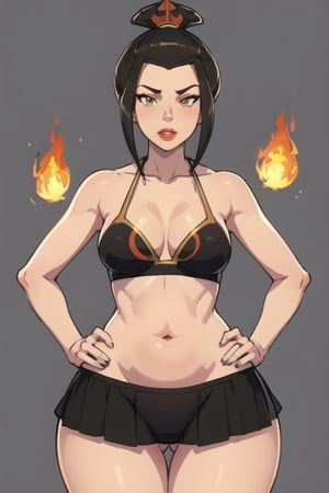 masterpiece, best quality, 1girl, azula, makeup, cleavage, (black bikini), lipstick, looking at viewer, fire, simple background, azula, (wide hips: 1.1), narrow waist, voluptuous, curvy, small chest , big ass, thick thighs,