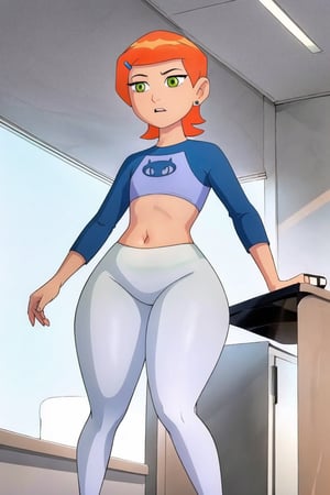 masterpiece, 1 girl, alone, Gwen_Tennyson, ((12 years old)), orange hair, green eyes, short hair, hair clip, raglan sleeves, exposed navel, long sleeves, earrings, ((white legging)), flat chest, small tits , standing, (((front view))), (wide hips: 1.1), narrow waist, giant hips, wide hips, thick thighs (huge thighs :1.3) inner office (office), wide hips,