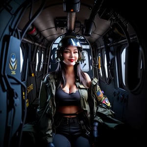 Realistic body and face, teasing facial expression, sole_female, gorgeous, in a dark Gray Special_Forces uniform and helmet with night vision in the up position, breasts_out, cleavage, bellybutton and lower torso uncovered, exposed, wearing black hot_pants, ripped_clothing, expose belly, torn_clothing, human_lips, lipstick red, smirk smile, gorgeous brown eyes, black_long_hair, sexy yet fierce. in the back of the Chinook helicopter. Posed slightly to the side to show her curves. Wearing torn black tanktop