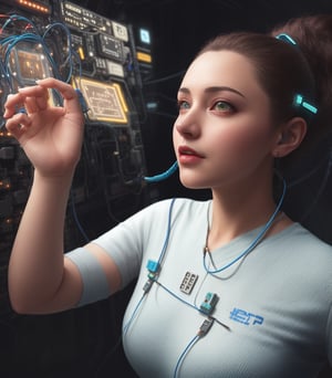 High quality, vibrant colors. Beautiful woman, add blue neon Tron like cyberpunk lines and details on chest, and a little bit on the face. Change background into something like the Matrix control panels in a space ship, computer screens, cables. 