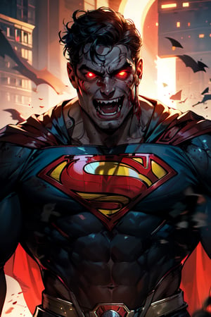 superman , lean, glowing tattoos, red glowing eyes, blood, demonic, fangs teeth, evil face, boots, dark smoke in the background, full shot