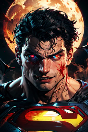 superman , lean, glowing tattoos, red glowing eyes, blood, demonic, fangs teeth, evil face, boots, dark smoke in the background, full shot remove all water marks