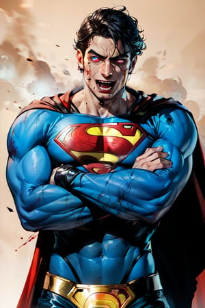 superman , lean, glowing tattoos, red glowing eyes, blood, demonic, fangs teeth, evil face, boots, dark smoke in the background, full shot remove all water marks