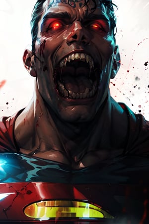 superman , lean, glowing tattoos, red glowing eyes, blood, demonic, fangs teeth, evil face, boots, dark smoke in the background, full shot remove all water marks