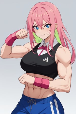 rating:safe, gradient, gradient background, pink hair, solo, 1girl, blue eyes, short sleeves, shirt, long hair, upper body, eyebrows visible through hair, hair between eyes, white shirt, smile, collared shirt, looking at viewer, bangs, closed mouth, shikimori, , multicolored hair, , muscular, croptop,abs,shikimori, full_body, badass ,big biceps, detailed body,, flexing biceps,body builder, female,boxing,boxing gloves, sleeveless croptop,boxing pose, dominant,sweating 