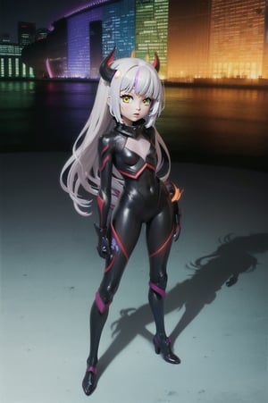 (masterpiece), best quality, expressive eyes, perfect face, (small brests), white hair, ((((blue and red eye)))), ((full body)), black and blue Dragon horns, (((((shadow outfit))))), (((battle shadow outfit))), small body, long hair, ((kid body)), (1 girl), (((futuristic city background))), (sexual pose), ((((rainbow lights details on the outfit)))), ((green details)), ((yellow details)), shadow, black silhouette, shadow of,aura of shadows, ((Blue details)), ((red details)), ((black armored shadow outfit))