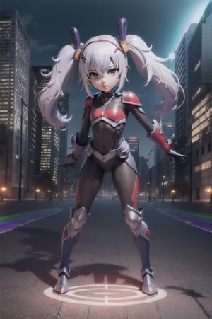 (masterpiece), best quality, expressive eyes, perfect face, (small brests), white hair, ((((blue and red eye)))), ((full body)), black and blue Dragon horns, (((((shadow outfit))))), (((battle shadow outfit))), small body, long hair, ((kid body)), (1 girl), (((futuristic city background))), (sexual pose), ((((rainbow lights details on the outfit)))), ((green details)), ((yellow details)), shadow, black silhouette, shadow of,aura of shadows, ((Blue details)), ((red details)), ((black armored shadow outfit))