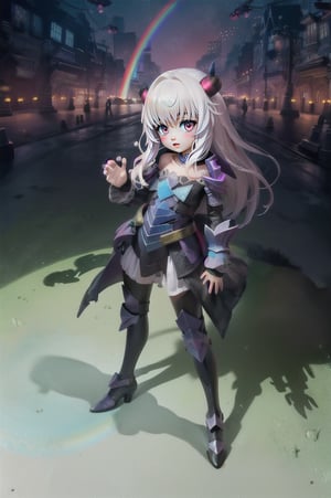 (masterpiece), best quality, expressive eyes, perfect face, (small brests), white hair, ((((blue and red eye)))), ((full body)), black and blue Dragon horns, (((((shadow outfit))))), (((shadow outfit))), small body, long hair, ((kid body)), (1 girl), (((futuristic city background))), (sexual pose), ((((rainbow lights details on the outfit)))), ((green details)), ((yellow details)), shadow, black silhouette, shadow of,aura of shadows, ((Blue details)), ((red details)), ((black armored shadow outfit))