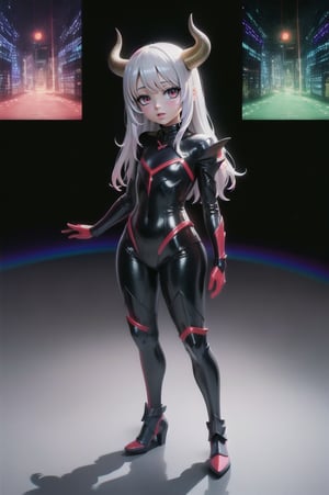 (masterpiece), best quality, expressive eyes, perfect face, (small brests), white hair, ((((blue and red eye)))), ((full body)), black and blue Dragon horns, (((((shadow outfit))))), (((shadow outfit))), small body, long hair, ((kid body)), (1 girl), (((futuristic city background))), (sexual pose), ((((rainbow lights details on the outfit)))), ((green details)), ((yellow details)), shadow, black silhouette, shadow of,aura of shadows, ((Blue details)), ((red details)), ((black armored shadow outfit))